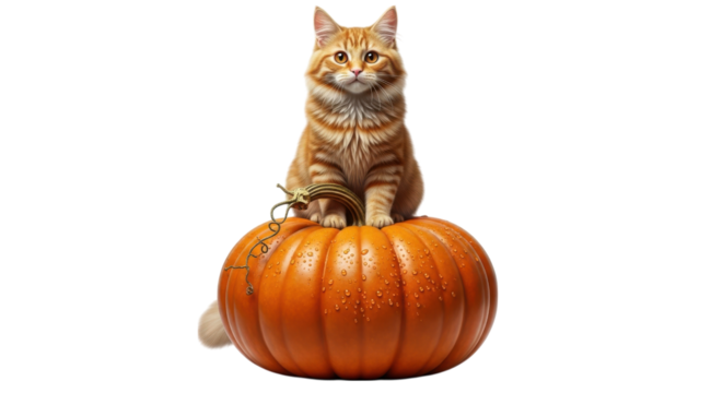 An adorable ginger cat sits atop a vibrant orange pumpkin against a transparent background, perfect for autumn or Halloween themes.