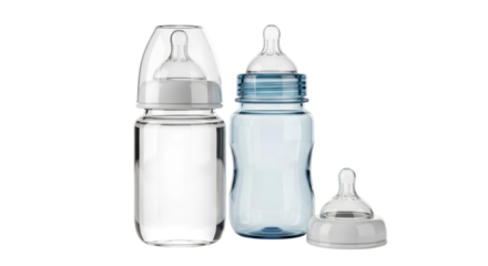 Two baby bottles, one clear and one blue, are presented against a black backdrop for infant feeding needs, transparent background