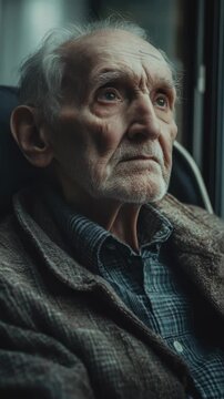 A grumpy old man sitting on a bus. He seems tired or impatient, likely from years of traveling and life experiences.
