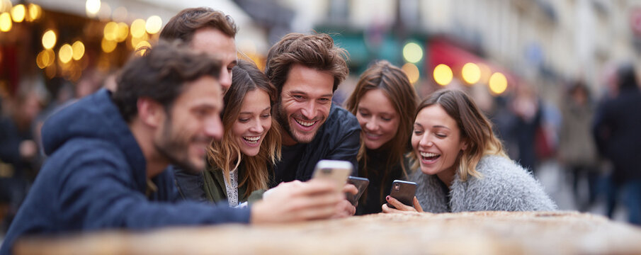 A group of friends share a laugh while looking at phones outside, embodying connection and modern lifestyle. Perfect for social media, tech, or youth marketing.