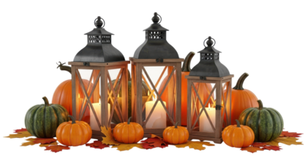 Three rustic lanterns glow with candles amidst pumpkins and vibrant autumn leaves on a dark backdrop, transparent background