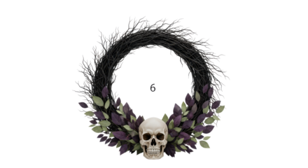 Dark botanical wreath with a skull, perfect for Halloween decorations and gothic themed designs with transparent background.