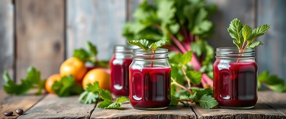 Vibrant homemade beetroot juice in glass jars sits on rustic wooden table,  wooden,  closeup