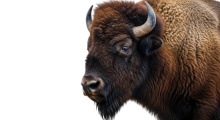 Majestic bison portrait showcases the animal's powerful build and striking features against a transparent background.