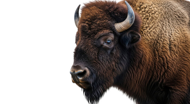 Majestic bison portrait showcases the animal's powerful build and striking features against a transparent background.