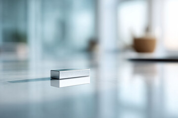 Obraz premium Sleek, minimal design featuring a small, brushed metal block on a reflective surface. Suggests technology, innovation, or simplicity. Ideal for corporate or techrelated content.