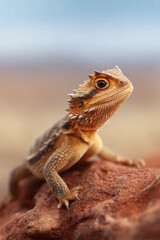 A golden lizard, a small reptile, perched atop a red rock against a soft, blurred background. Ideal for nature, survival, or pet concepts. Reptilian beauty.