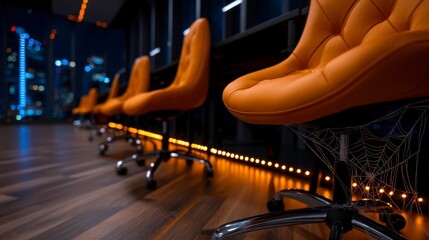 An empty corporate office at night decorated for Halloween with cobwebs. A deserted workplace building after sunset adorned with spooky decorations for autumnal festivities.