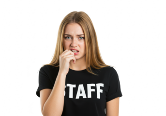 A nervous young woman wearing a black tshirt with the word staff bites her nails in a moment of anxiety isolated on transparent background