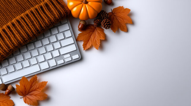 Autumn office workspace. Keyboard laptop notebok with autumn clothes and fall decorations pumpkin leaves and other. Fall flat lay. Cozy autumnal workstation setup featuring a keyboard