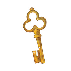 Gilded antique key. Watercolor illustration hand drawn, cartoon. Drawing for scrapbooking, stickers, cards. Key, lock, door, secret, metal, gold, fairy tale