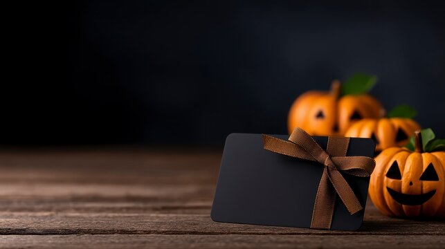 Carved Halloween pumpkins and a blank gift card on a rustic wooden surface. Autumnal harvest decorations featuring handcrafted gourds and a pristine gift voucher atop a weathered wood table. - Powered by Adobe