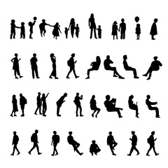 A set of 32 vector silhouettes featuring people in various poses, including sitting, leaning, walking, running, and engaging in daily activities. Perfect for use in architectural designs, presentation