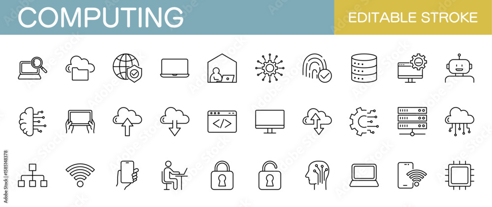 Wall mural computing line icon set – includes computer, technology, digital, cloud, network and ai. editable st
