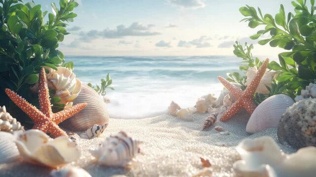 Sandy beach with starfish, coral, and shells at low tide during sunset.