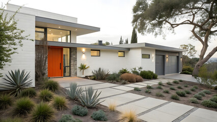 Fototapeta premium White and gray modern house with orange front door and xeriscaping