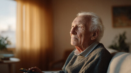 Thoughtful elderly man, bathed in warm light, holding a remote control. Evokes contemplation, memories, and the golden years. Ideal for themes of aging, retirement, and reflection.