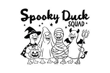 Spooky Duck Squad, Hand-Drawn Halloween Duck SVG Typography T Shirt Design