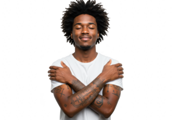 A young black man with closed eyes and arms crossed in a selfhug, isolated on a transparent background