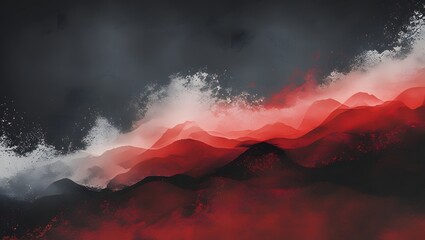 Volcanic fire and smoke fill the dramatic evening sky, casting a fiery glow over the mountain landscape
