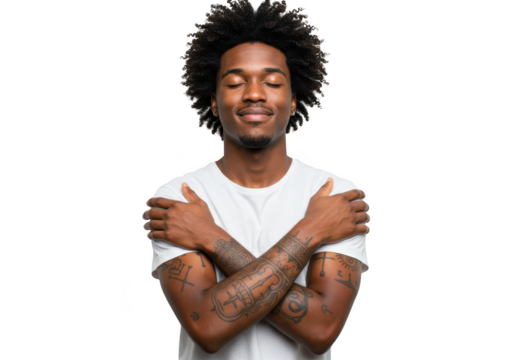 A young black man with closed eyes and arms crossed in a selfhug, isolated on a transparent background