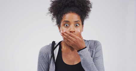 Surprise, wow and portrait of woman in studio for bad news, announcement or omg. Face expression,...
