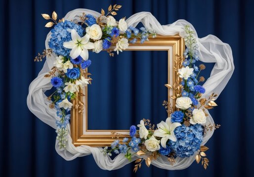 A gold frame adorned with blue white flowers fabric