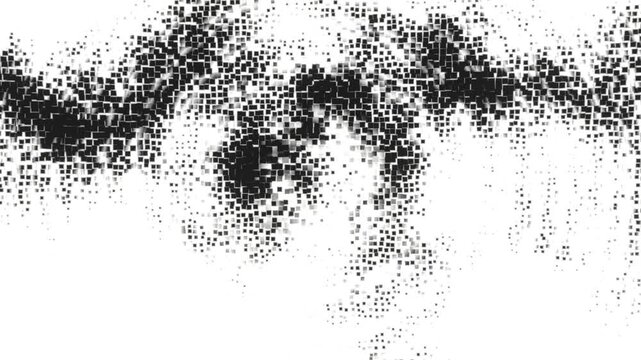 Abstract black pixelated disintegration effect featuring square particles dispersing on a clean white background. Ideal for motion design, digital effects, or creative visuals.