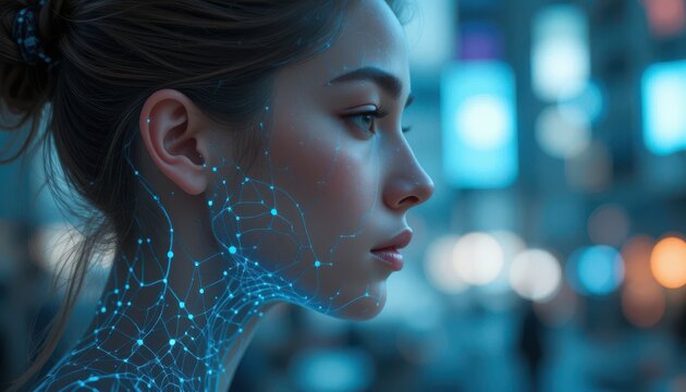 Neural Network Interface on Woman's Face in a Futuristic Urban Environment