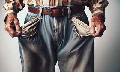 Ein älterer Mann stülpt die Hosentaschen seiner Jeans nach außen, um zu zeigen, das die Taschen leer sind. Armuts-Konzept