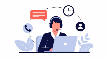 Adobe illustrator artwork of a focused customer support representative with a headset and laptop, surrounded by icons for call, chat, time, and profile, illustrating efficient multi-channel assistance