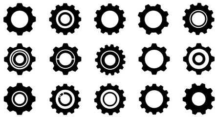 Set of Black Gear Icons: Diverse Cogwheel Designs for Mechanical and Industrial Use
