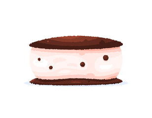 An illustration of an ice cream sandwich. Vanilla ice cream sandwiched between two biscuits. Biscuits with cream and chocolate. Sweet and delicious food. Snack. Flat design style. Textured