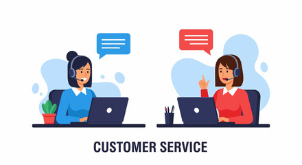 Adobe illustrator artwork of two friendly customer service agents at their laptops with headsets and chat bubbles, representing efficient and approachable online support and communication