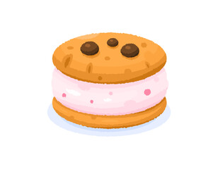 an illustration of an ice cream sandwich. strawberry ice cream sandwiched between two cookies. biscuits with cream and raisins. sweet and delicious food. snack. flat style design. textured