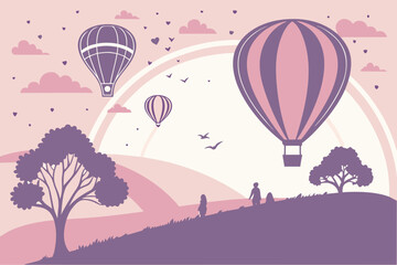 Obraz premium Vibrant hot air balloon floating over a lush valley at sunrise, with colorful skies and rolling hills. Ideal for travel, adventure, and nature designs.