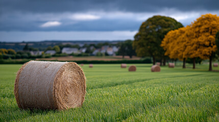 Serene farmland scenery with large haystacks resting on dry golden stubble, set against a moody sky with textured storm clouds, symbolizing the beauty and calm before weather change.