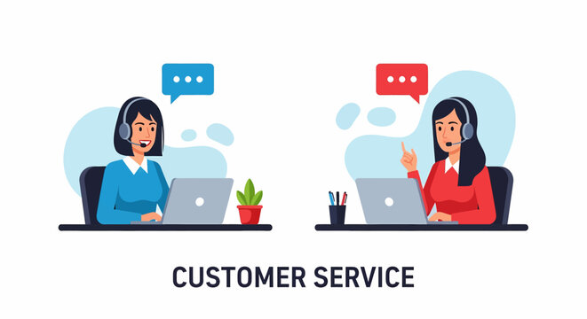 Adobe illustrator artwork of two friendly customer service agents at their laptops with headsets and chat bubbles, representing efficient and approachable online support and communication