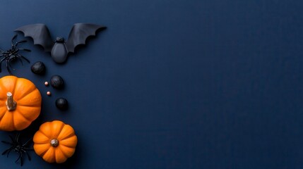 Halloween frame with party decorations of pumpkins bats ghosts spiders on blue background from above. Happy halloween card in flat lay style. Festive autumn imagery overhead view