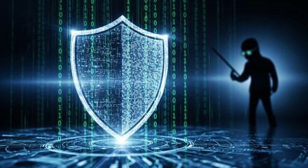 A digital shield protects against cyber attacks and data breaches