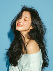 Korean Beauty Model on Light Blue Background, Asian Female Skincare Model Portrait, AI Cosmetic Model in Pastel Setting, K-beauty Stock Photo, SNS Beauty Model Shot