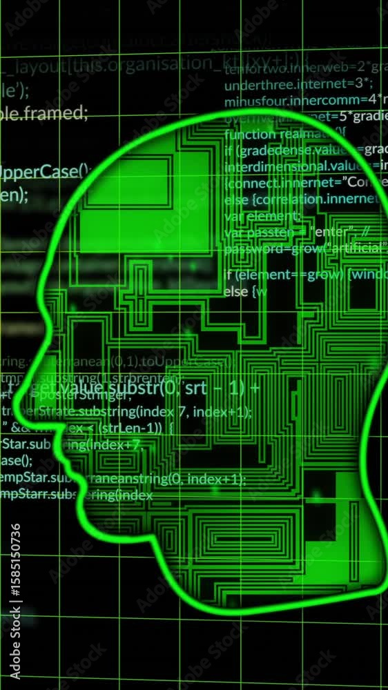 Poster animation of ai text, brain and binary coding data processing over dark background