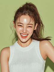 Korean Beauty Model on Light Green Background for Cosmetic Ad and Social Media