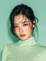 Korean Beauty Model on Light Blue Background, Asian Female Skincare Model Portrait, AI Cosmetic Model in Pastel Setting, K-beauty Stock Photo, SNS Beauty Model Shot