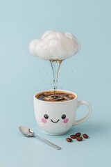 "Whimsical Coffee Rain: Smiling Cup with Floating Cloud"