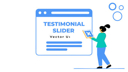 Illustration of a woman holding a square with an x next to a testimonial slider interface element ui