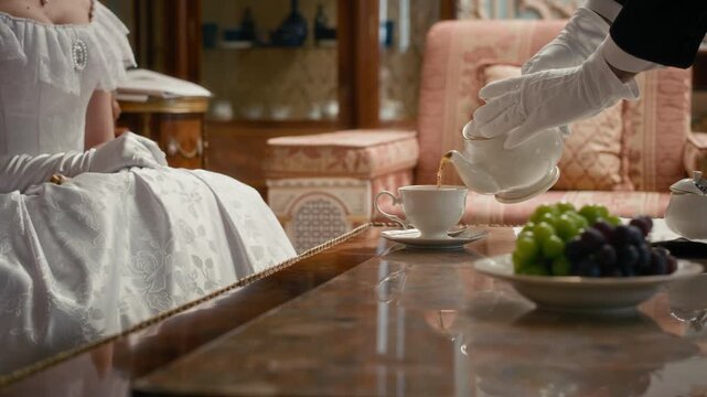 Cropped shot of gloved servant pouring tea for refined young lady in white gown, seated in lavishly decorated room adorned with classic furniture and bowl of fresh grapes on table