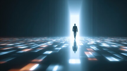 Visionary executive planning success journey with glowing digital milestones