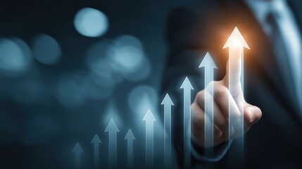 Businessman interacting with upward growth arrow graph on virtual screen symbolizing business success and positive market trend against navy blue background