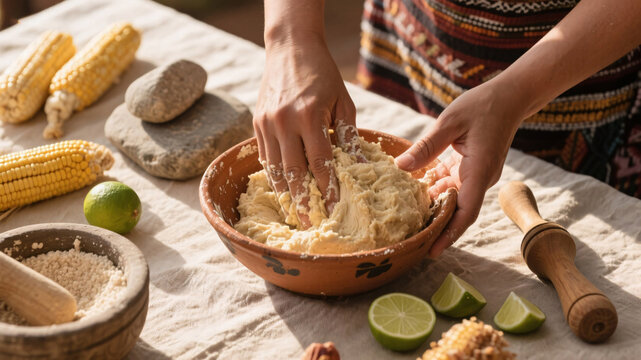 Soft daylight captures handmade process of mixing masa with heirloom corn flour and rustic utensils in kitchen scene